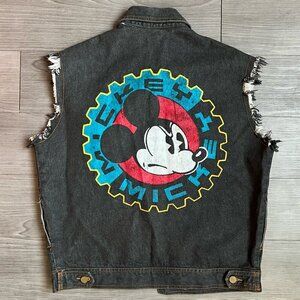 Vintage 90s Mickey & Co. Black Denim Vest Mickey Mouse Biker Rock Disney Size S